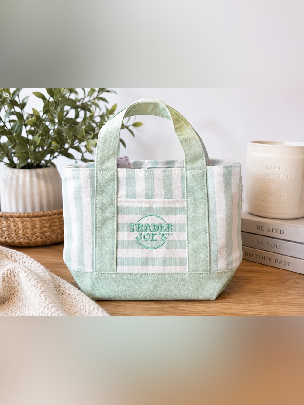 Trader Joe’s Mini Canvas Tote Bag Mint Green White Striped Reusable Grocery Bag